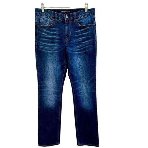 Retrofit Jeans Men's Size 32 X 34 Dark Blue Denim Washed Straight Leg Whiskered - Picture 8 of 15